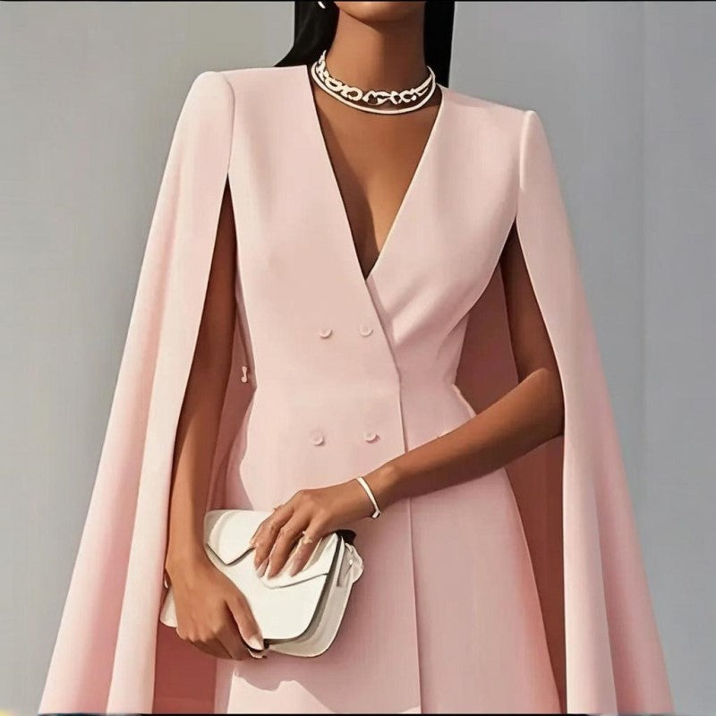Women's Elegant Solid Color V Neck Double-Breasted Cape Blazer Dress Spring & Summer Party Banquet Outfit