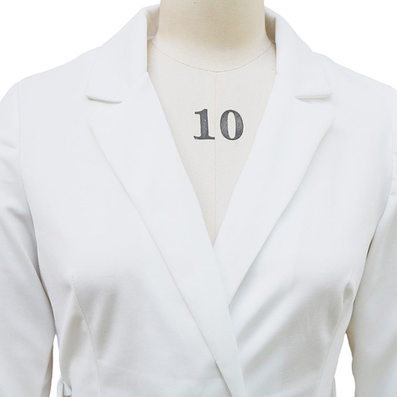 Women's Solid Color Blazer V-Neck Dress With Belt & Hem Slit - Slim Fit Formal Midi Dress For Spring&Fall