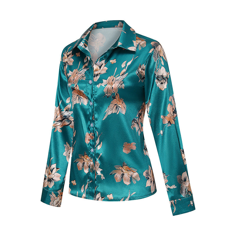 Women's Elegant Satin Lapel Long Sleeve Full Button Shirt Spring Autumn Fashion Tapered Waist Design With Sheen
