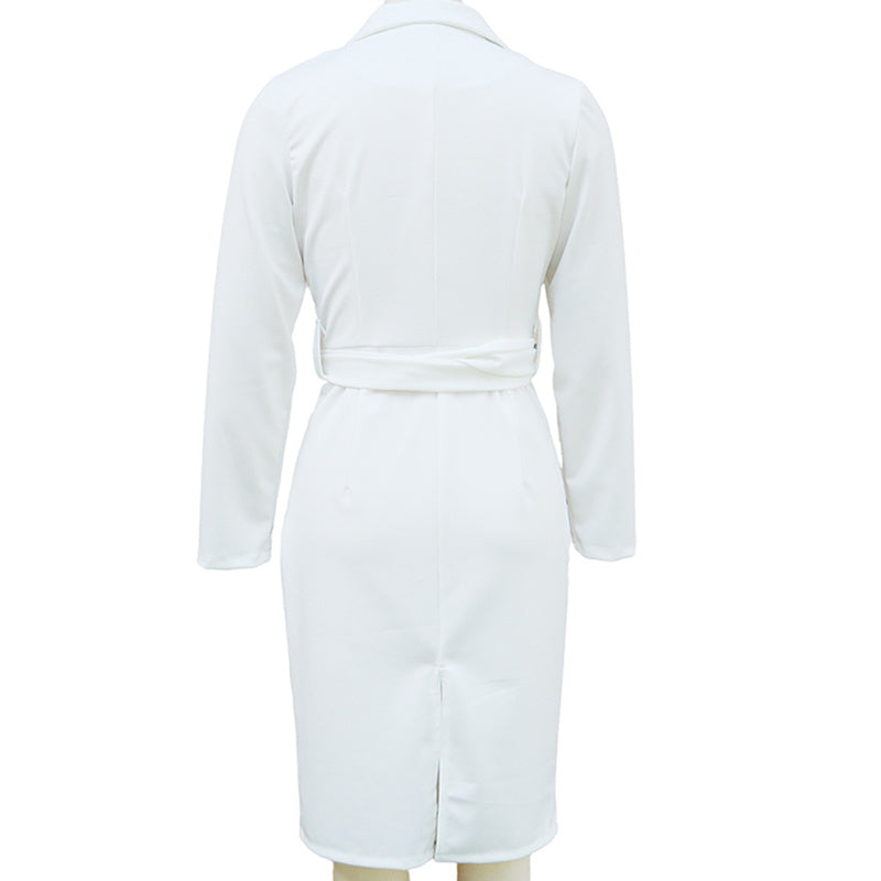 Women's Solid Color Blazer V-Neck Dress With Belt & Hem Slit - Slim Fit Formal Midi Dress For Spring&Fall