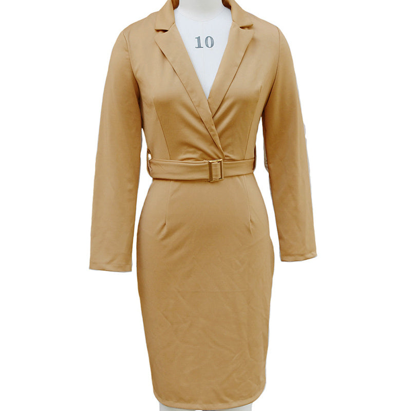 Women's Solid Color Blazer V-Neck Dress With Belt & Hem Slit - Slim Fit Formal Midi Dress For Spring&Fall