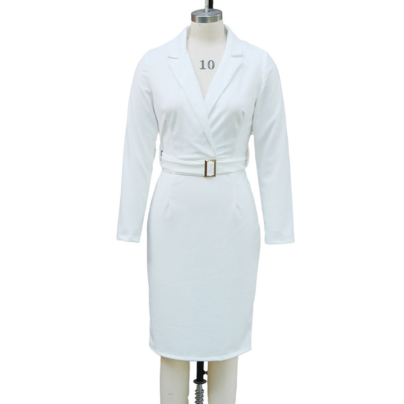 Women's Solid Color Blazer V-Neck Dress With Belt & Hem Slit - Slim Fit Formal Midi Dress For Spring&Fall
